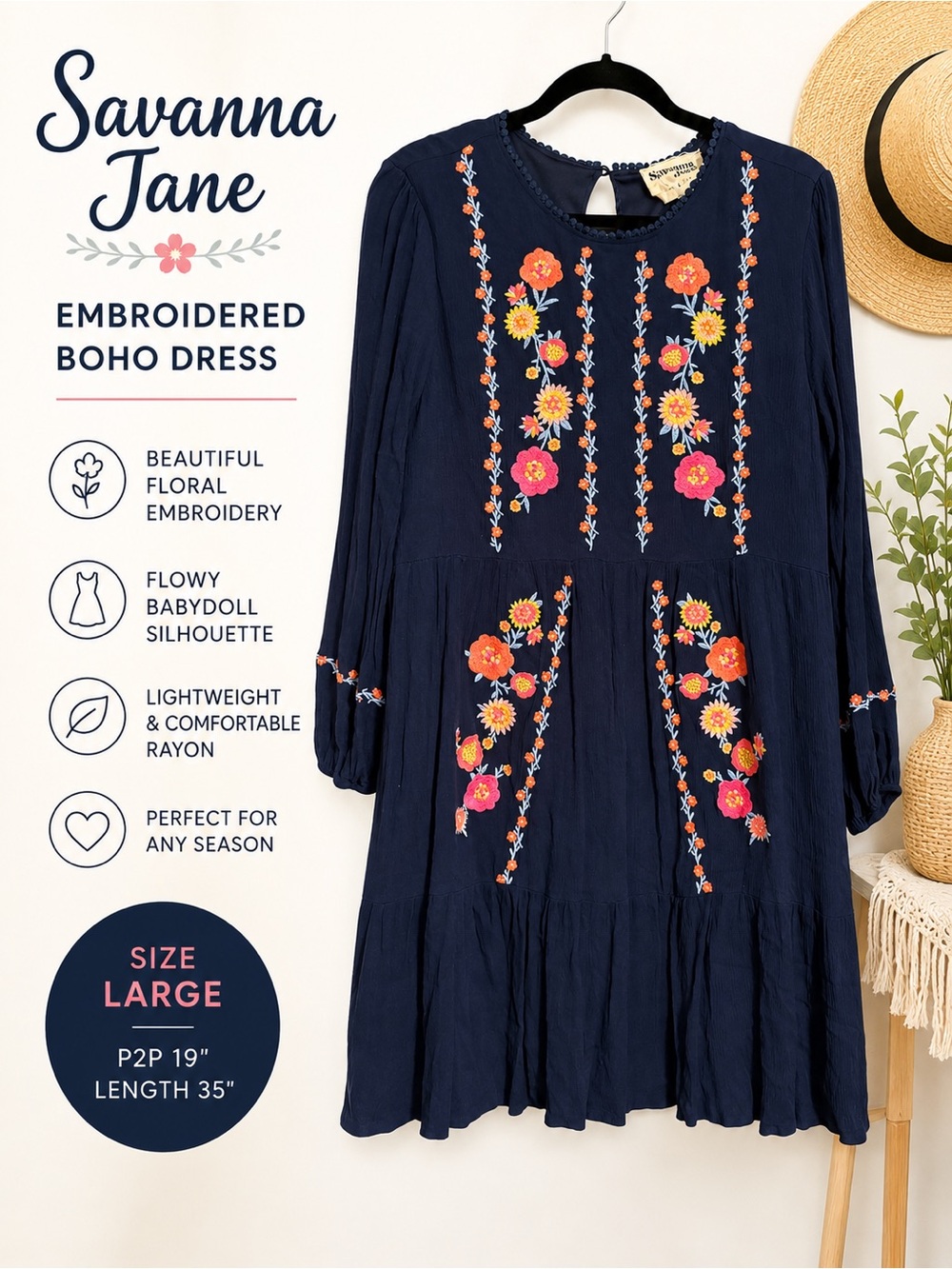 Savanna Jane Embroidered Boho Navy Babydoll Dress Large